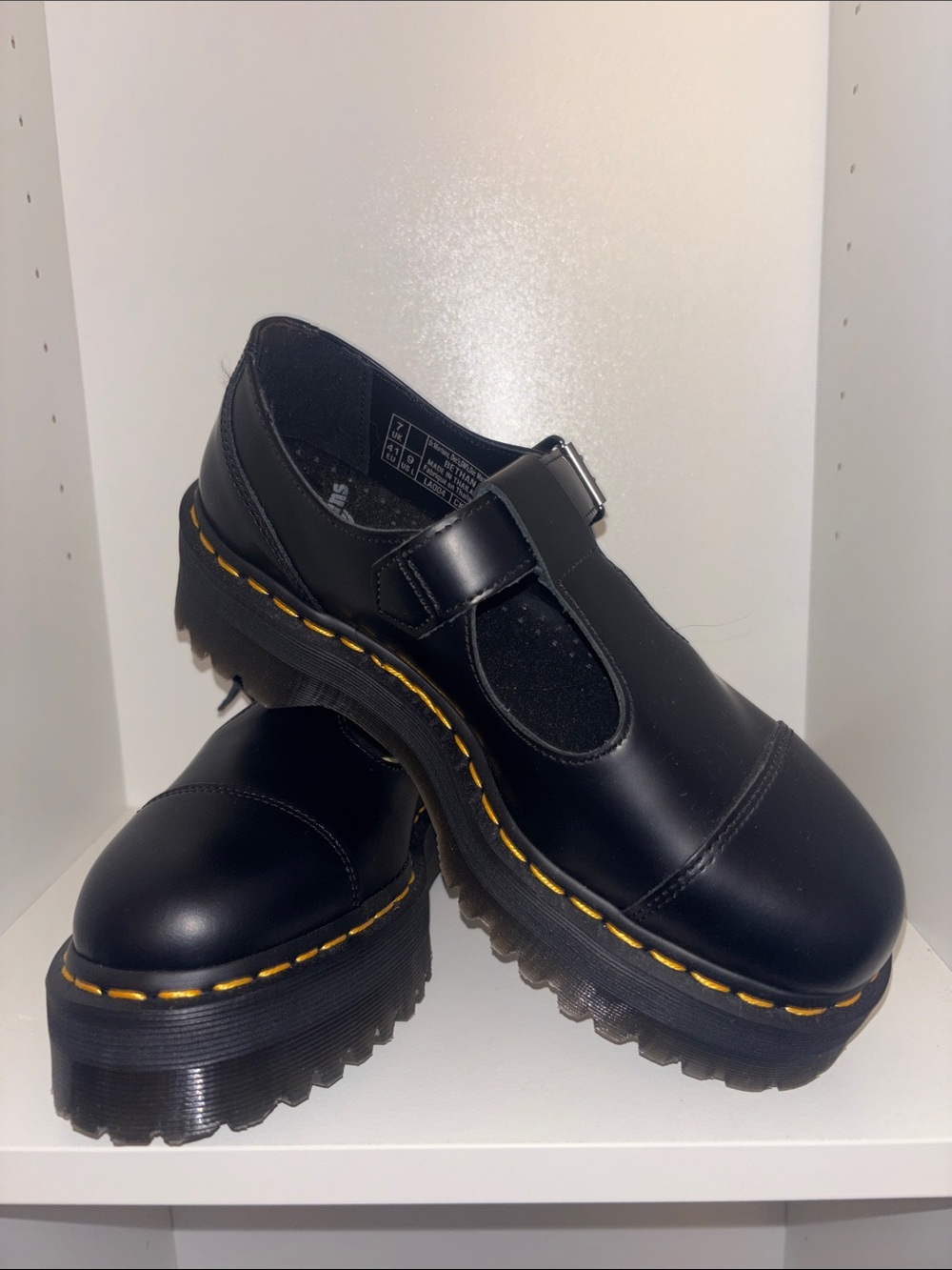 Dr. Martens Black Mary Jane Platform Shoes with Yellow Stitching